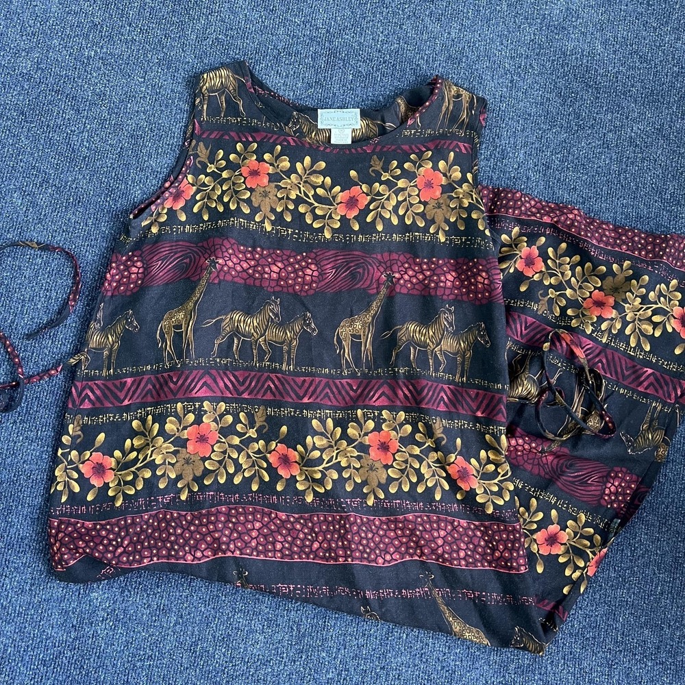 Vintage‎ Jane Ashley Dress Womens Medium Black Safari Animal Floral Maxi Rayon